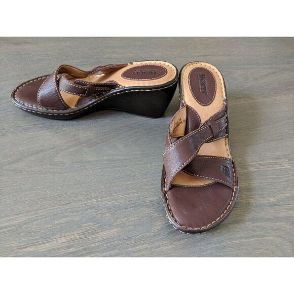 Born 8M Brown Leather Criss Cross Straps Slip On Platform Wedge Slides Sandals - Picture 7 of 8